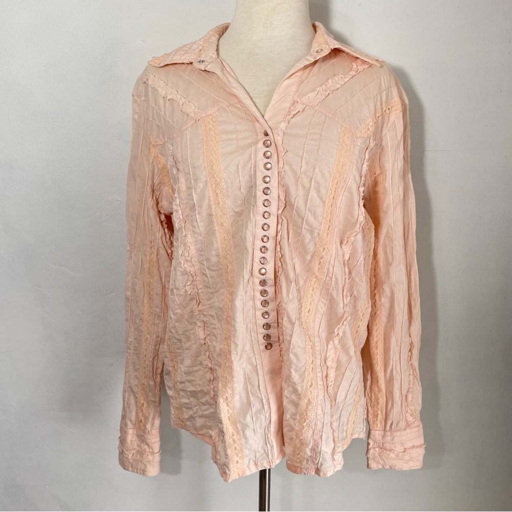 Scully Peach Button-Up Lace Trim Shirt M
